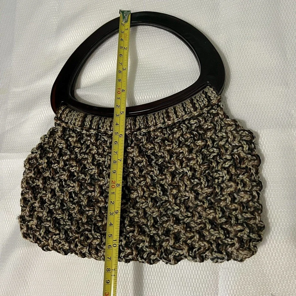 Vintage 60’s-70’s BOHO Brown Beige Macrame Handbag Purse Lucite Top Handles